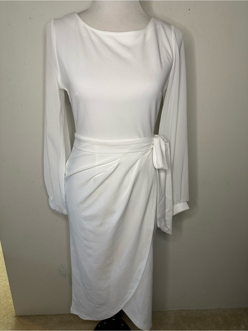 Elegant White Long-Sleeve Wrap Midi Dress